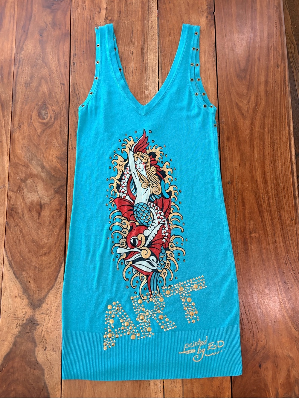 Rare Ed Hardy Y2K Blue Mermaid ART Knit Mini Dress Rivets and Studs